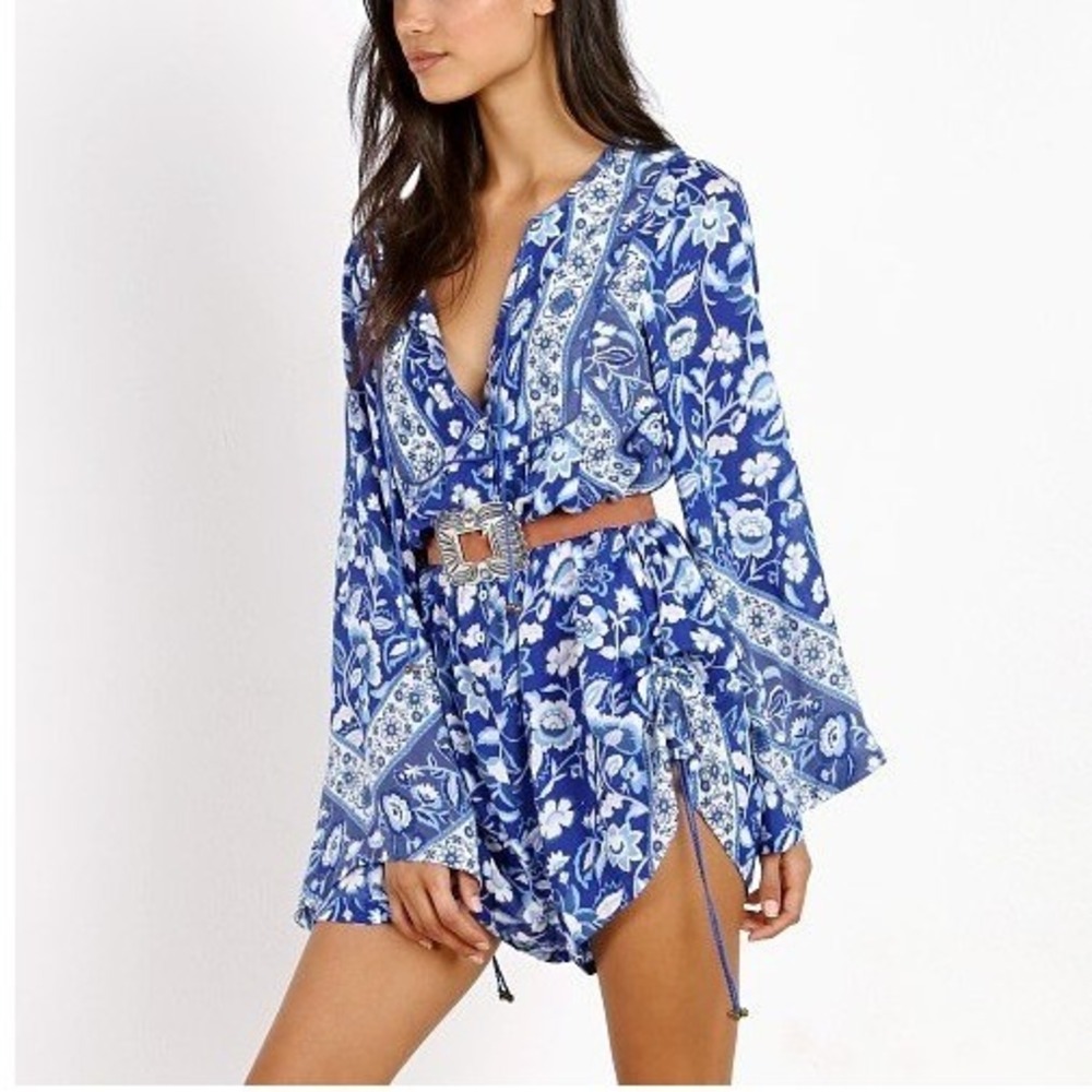 Spell & The Gypsy Lolita Romper Blue Floral Boho Western Bell Sleeve Festival S